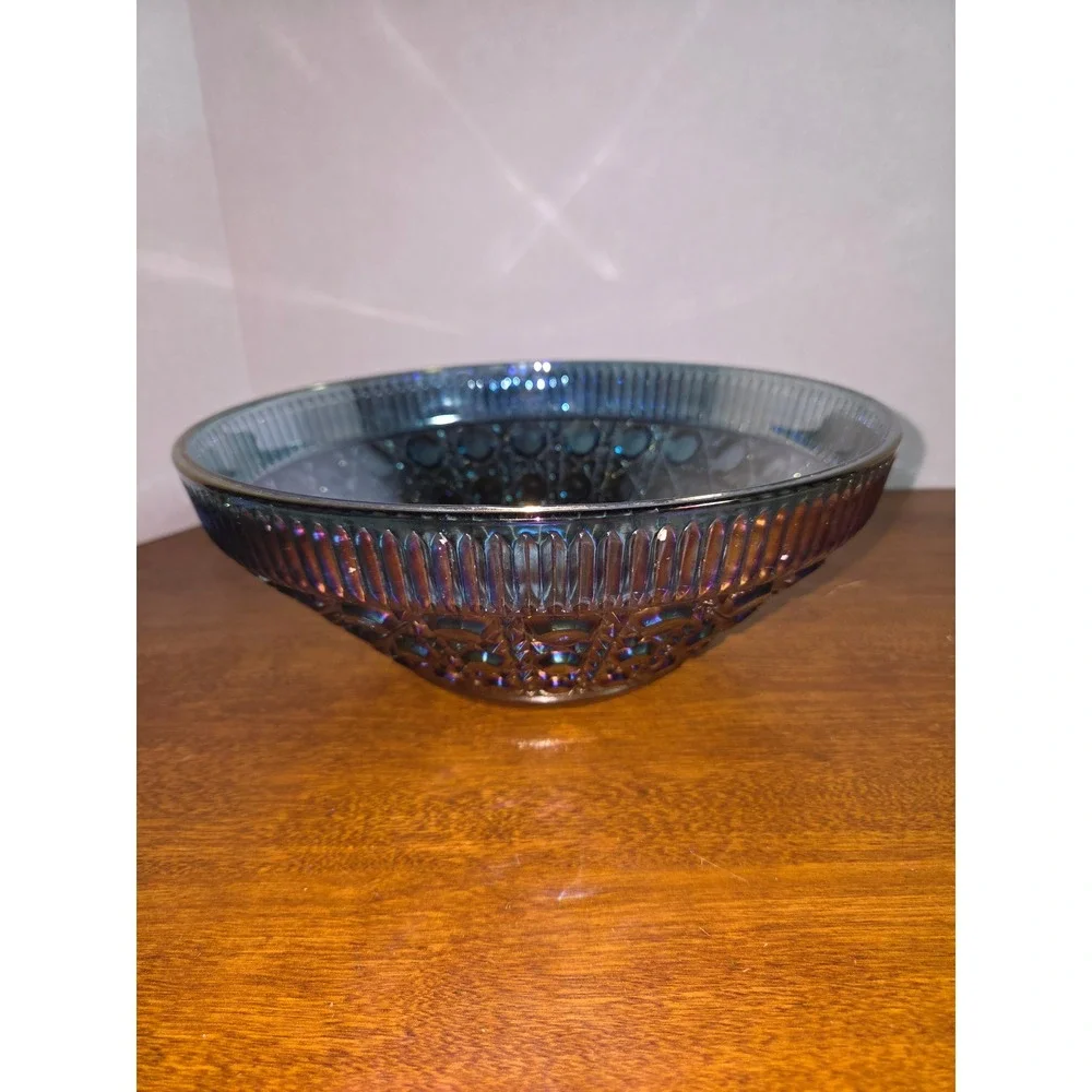 Indiana Glass Tiara Exclusive Blue Carnival Glass Windsor Pattern Bowl 10 Inch